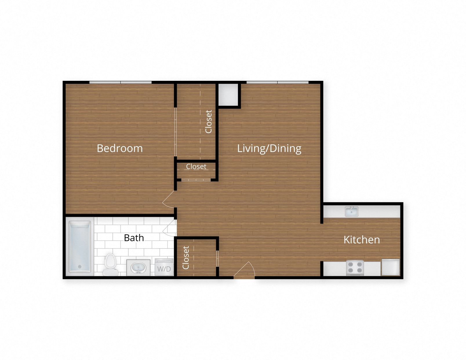 Floor plan for 1 bed, 1 bath, 633 sqft